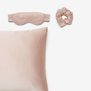 silk pillowcase, silk sleep mask and silk scrunchie in blush