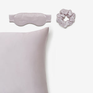 silk pillowcase, silk sleep mask and silk scrunchie in lavender