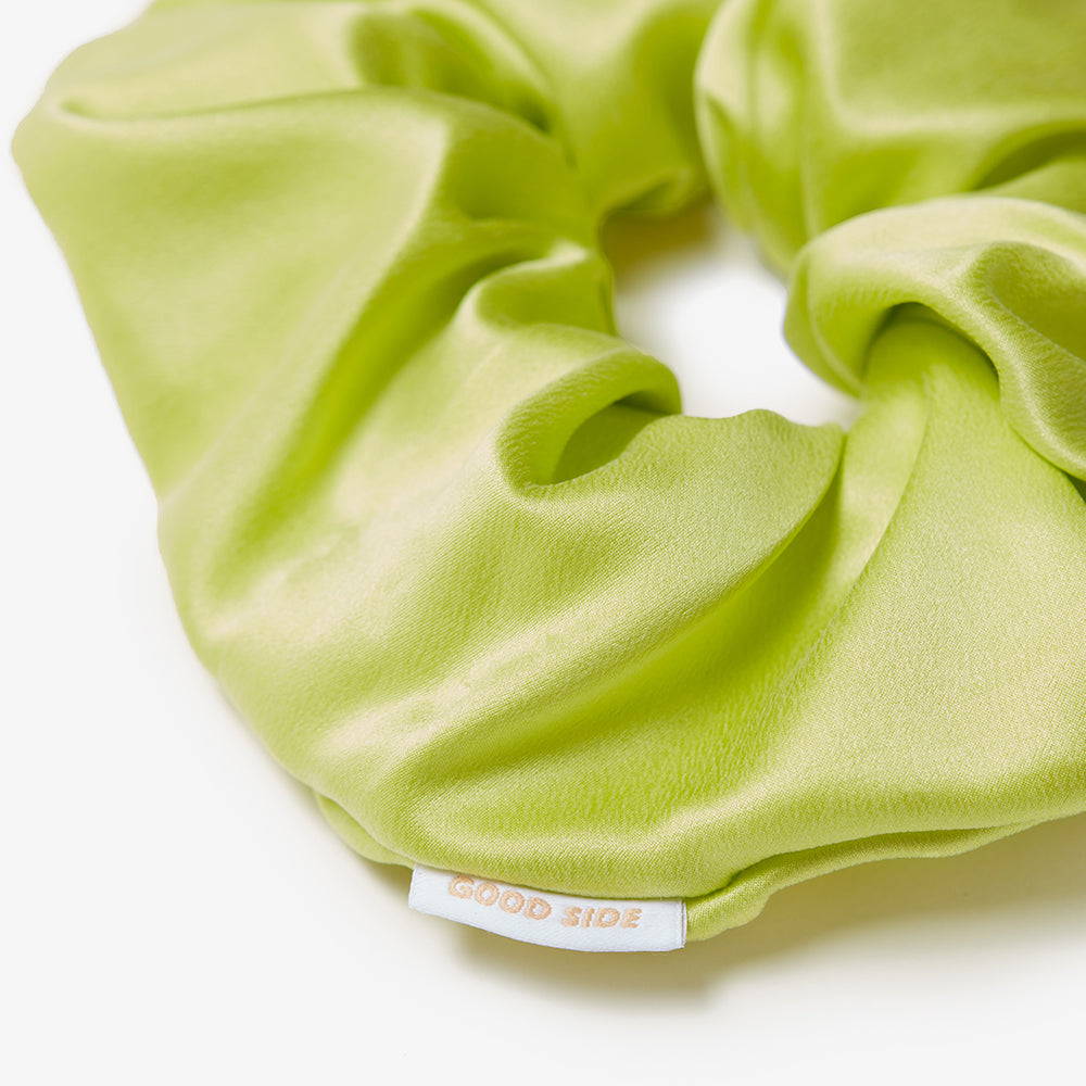 jumbo silk scrunchie in chartreuse close up